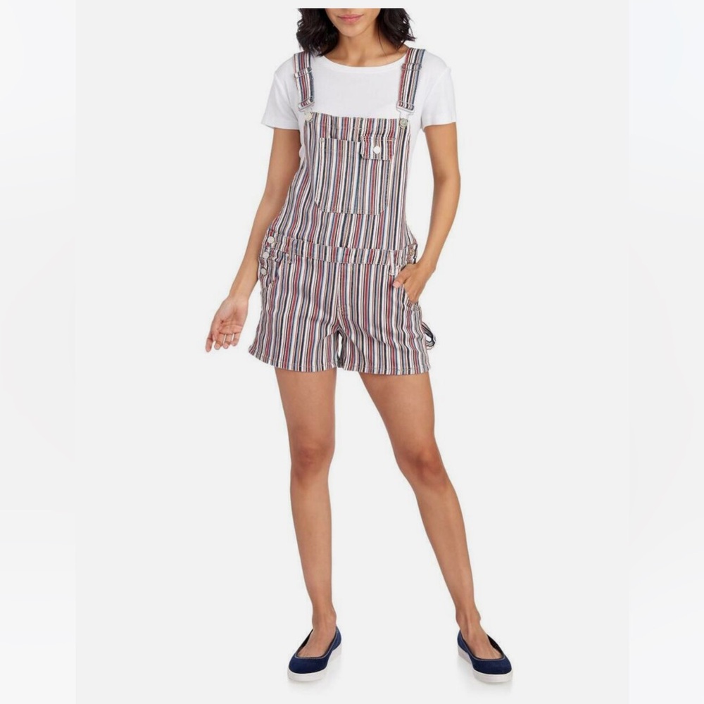Striped Short Overalls Jumpsuit - White Multicolor